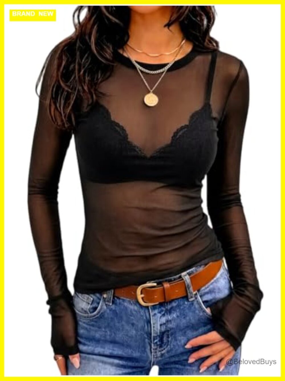 Sheer Mesh Long Sleeve Crew Neck Slim Fit Top